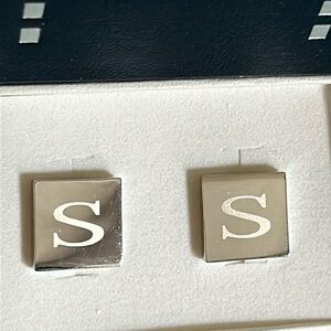 Dual Monocle Monogrammed “S” Cufflinks Silver Tone in Gift Box